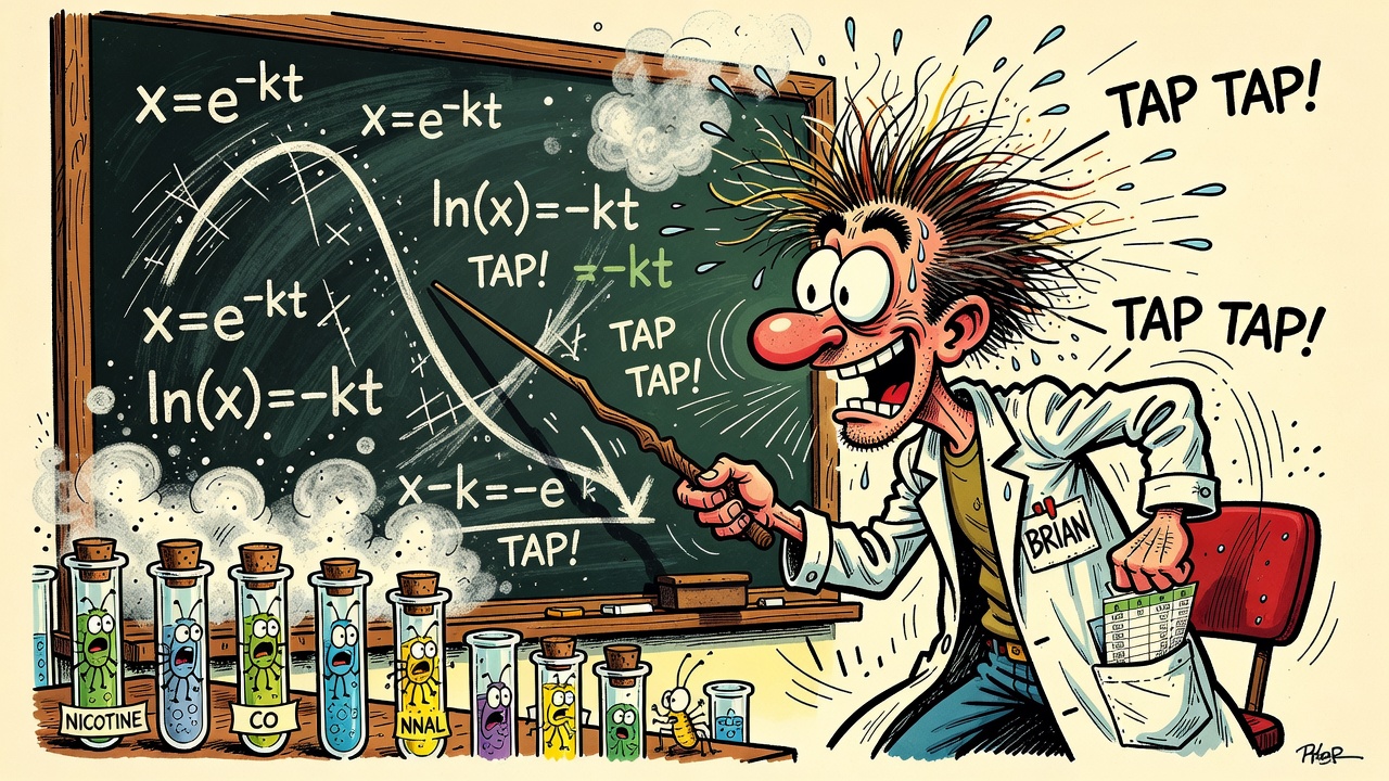 Sergio-style cartoon of an enthusiastic scientist named BRIAN at a chalkboard covered with x=e^-kt and a decay curve, with nervous chemical critters trapped in test tubes.