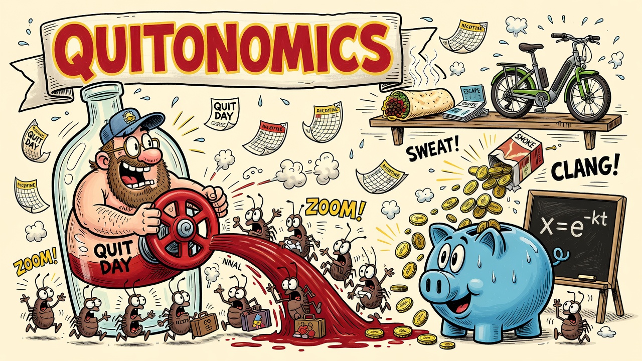 Sergio-Aragonés-style cartoon: under a hand-painted QUITONOMICS banner, a bearded plumber turns a valve labeled QUIT DAY, flushing chemical bug-critters labeled NICOTINE, CO and NNAL out of a translucent body, while gold coins pour from an upside-down cigarette pack into a piggy bank next to a chalkboard reading x=e^-kt and a prize shelf.